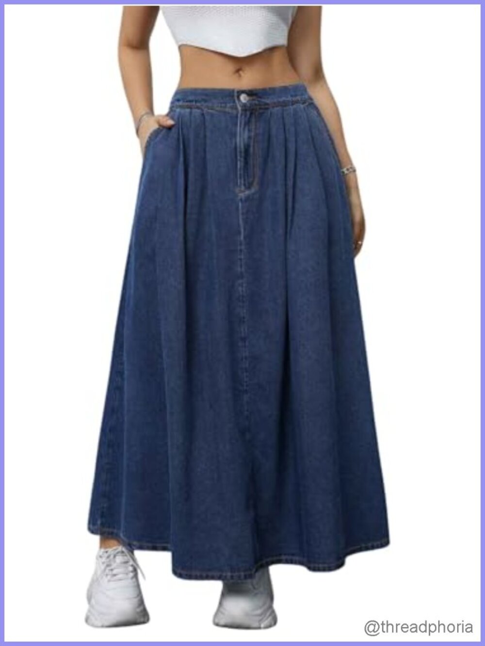 Pleated A-Line Maxi Denim Skirt with Pockets Flowy Draped Cotton Blend